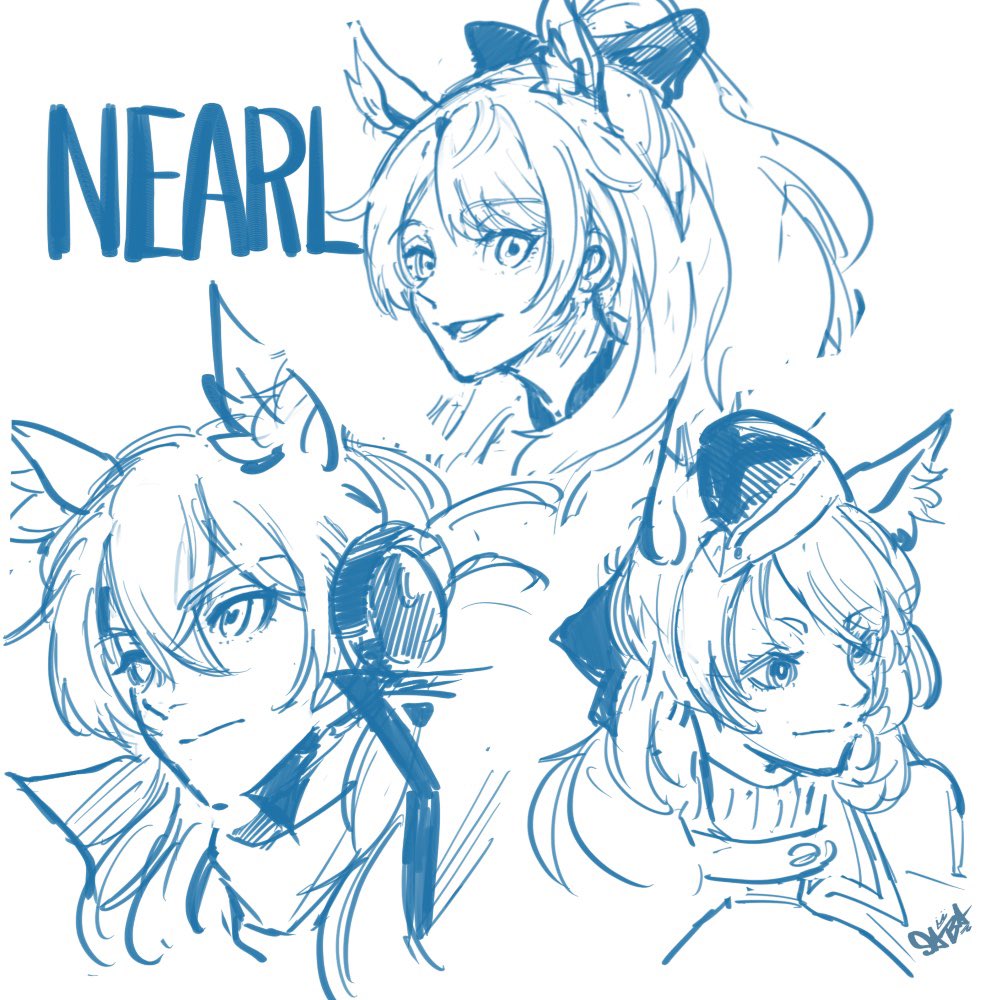 nearl (arknights) ,whislash (arknights) animal ears multiple girls 3girls horse ears monochrome headset hat  illustration images