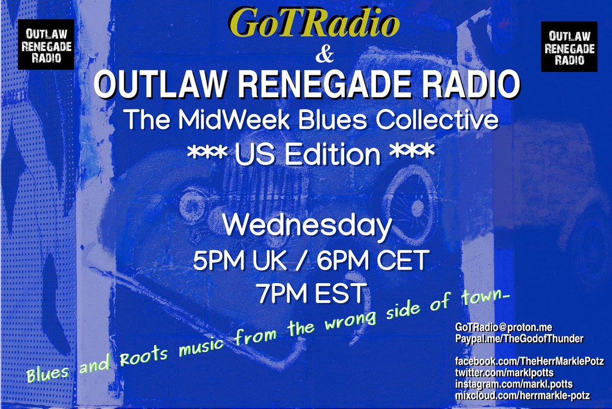marklpotts's tweet photo. #TheMidWeekBluesCollective @RadioORN
#TODAY #5PMUK #6PMCET #7PMEST
Incl:@wilybo @chrisbevmusic @trevorsewell @TomMansi @DustRadioBlues @The_Jujubes @boogiebeasts @BlackCatBiscuit @Detonicsblues @TheBluesbones @BaconFatLouis & @miXendorp #BlackPearl https://t.co/8MswoRXuF5