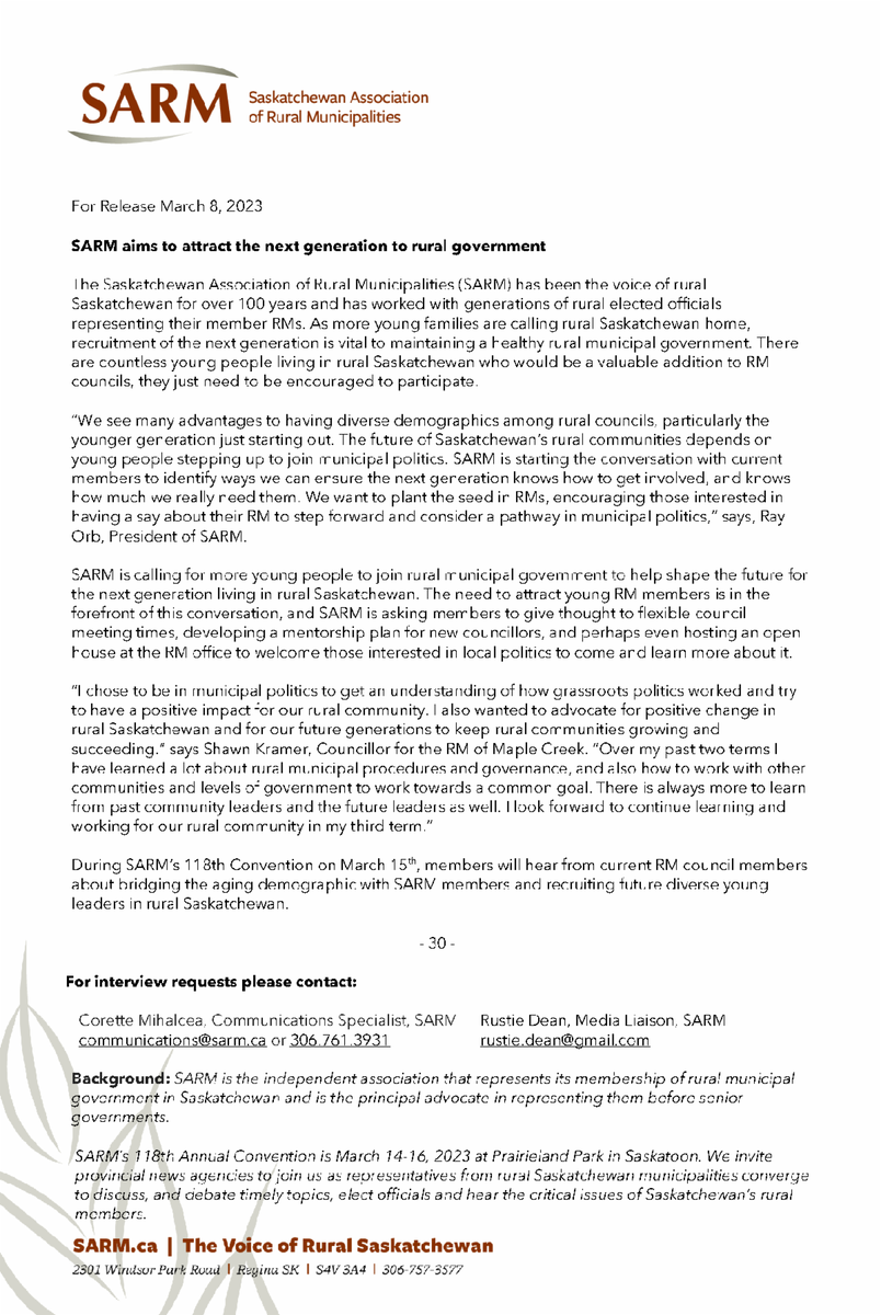 SARM aims to attract the next generation to rural government in Saskatchewan. #RuralMatters #SkPoli

News Release: sarm.ca/2023/03/08/sar…