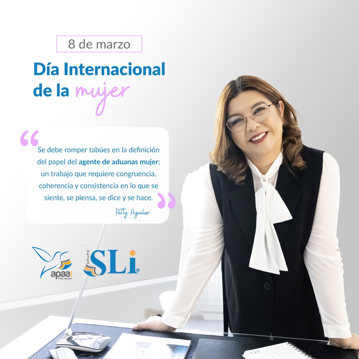 PattyAguilarSLI's tweet photo. En APAA conmemoramos este #8demarzo a todas las #mujeres quienes con su entrega y dedicación hacen brillar al mundo tanto en el ámbito personal, profesional y, sobre todo, en el ámbito aduanero.
#DíaInternacionaldelaMujer #AduaneraDeCorazón #agentedeaduana #apaa343 #GrupoSLI https://t.co/rOXyFOsiQV