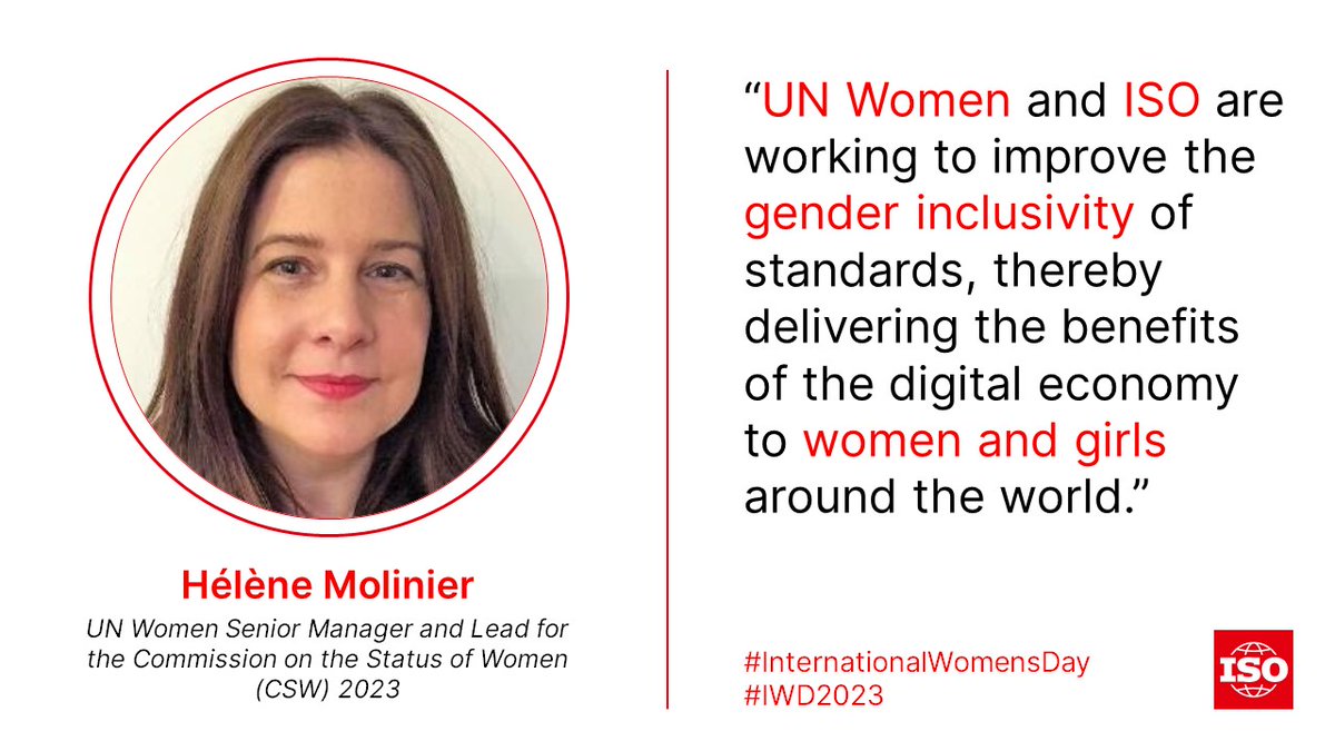 🎉We're celebrating #InternationalWomensDay! <a href="/UN_Women/">UN Women</a> and ISO are joining forces to build a gender-equal digital future. Let’s ensure all voices are heard.  👉ow.ly/2thB50NbR60 #GenderInclusivity #IWD2023