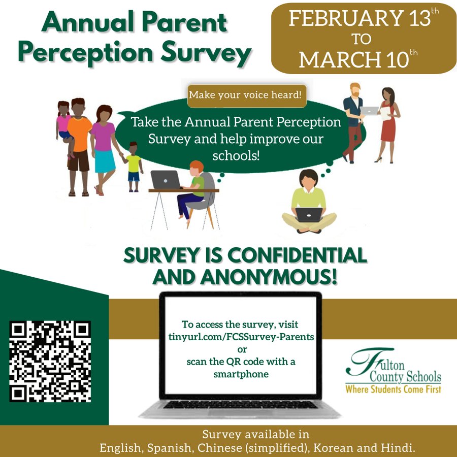 Only two days left to take the Annual Parent Perception Survey, and tell us what you think about Fulton County Schools. tinyurl.com/FCSSurvey-Pare…
