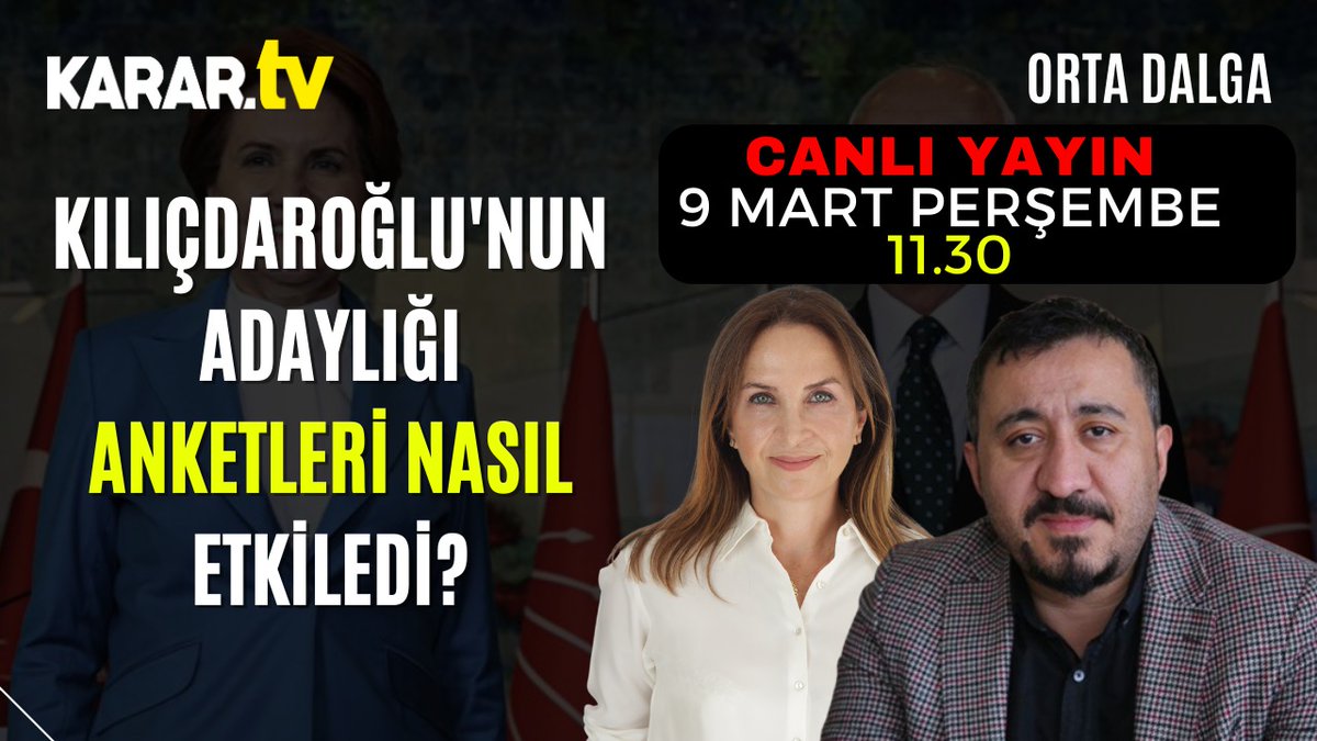 KararHaber's tweet photo. 📢BAŞLADI❗️

📌Gülay Erdemli (@glyerdemli), Avrasya Araştırma Başkanı Kemal Özkiraz (@avrasyaanket) ile Orta Dalga programında gündemi değerlendiriyor

🗓️9 Mart Perşembe
🕚11.30
📎https://t.co/vWb4NndQlL https://t.co/0ab2qMixhB
