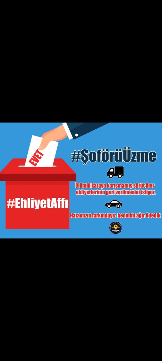 #ŞoförüÜzme
Bir defaya mahsus #EhliyetAffı 
<a href="/RTErdogan/">Recep Tayyip Erdoğan</a> <a href="/Akparti/">AK Parti</a> <a href="/suleymansoylu/">Süleyman Soylu</a> <a href="/mustafaelitas/">Mustafa Elitaş</a>