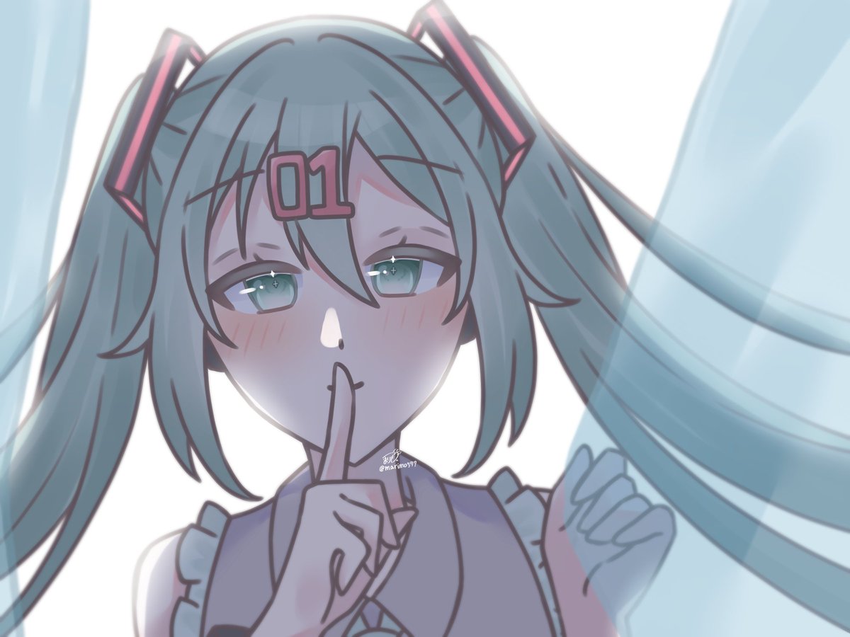 hatsune miku 1girl solo twintails finger to mouth shushing long hair backlighting  illustration images