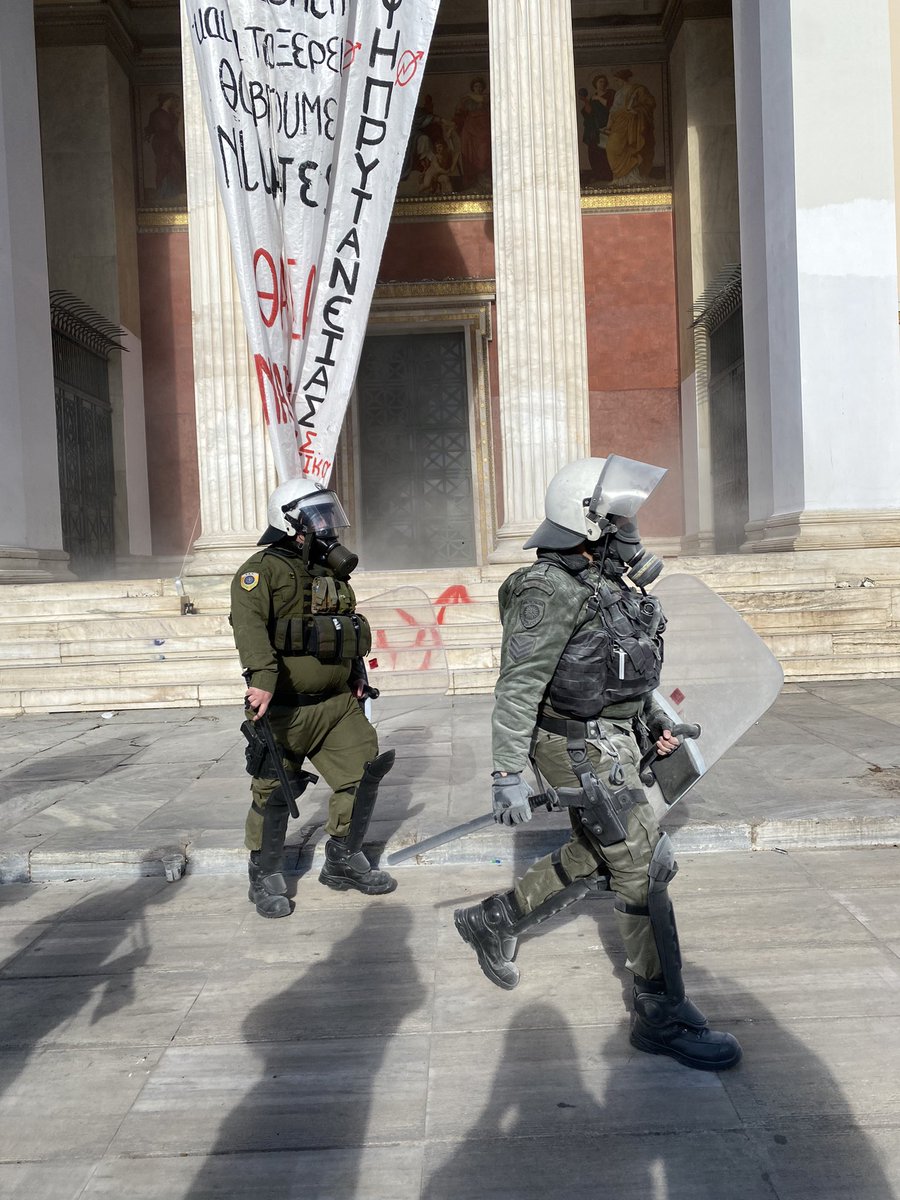 Nikoletoug's tweet photo. Tear-gas and violence from Greek police inside the Academy of Athens. https://t.co/p71O0bNBBz