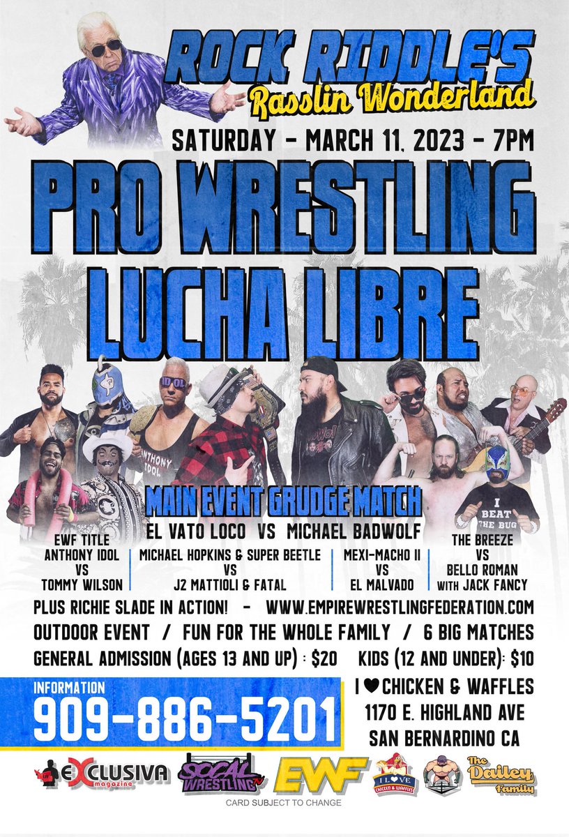AnthonyIdol's tweet photo. Upcoming events
March 11th @EWFEmpire #SanBernardino I Love Chicken & Waffles
March 17th @alostabrewingco #Covina
March 18th @SoCalPro #Vista
March 30th @JakeSnakeDDT Flirting with Venom #SanGabriel
March 31st #ResinMania #DTLA https://t.co/mH36zz2roy