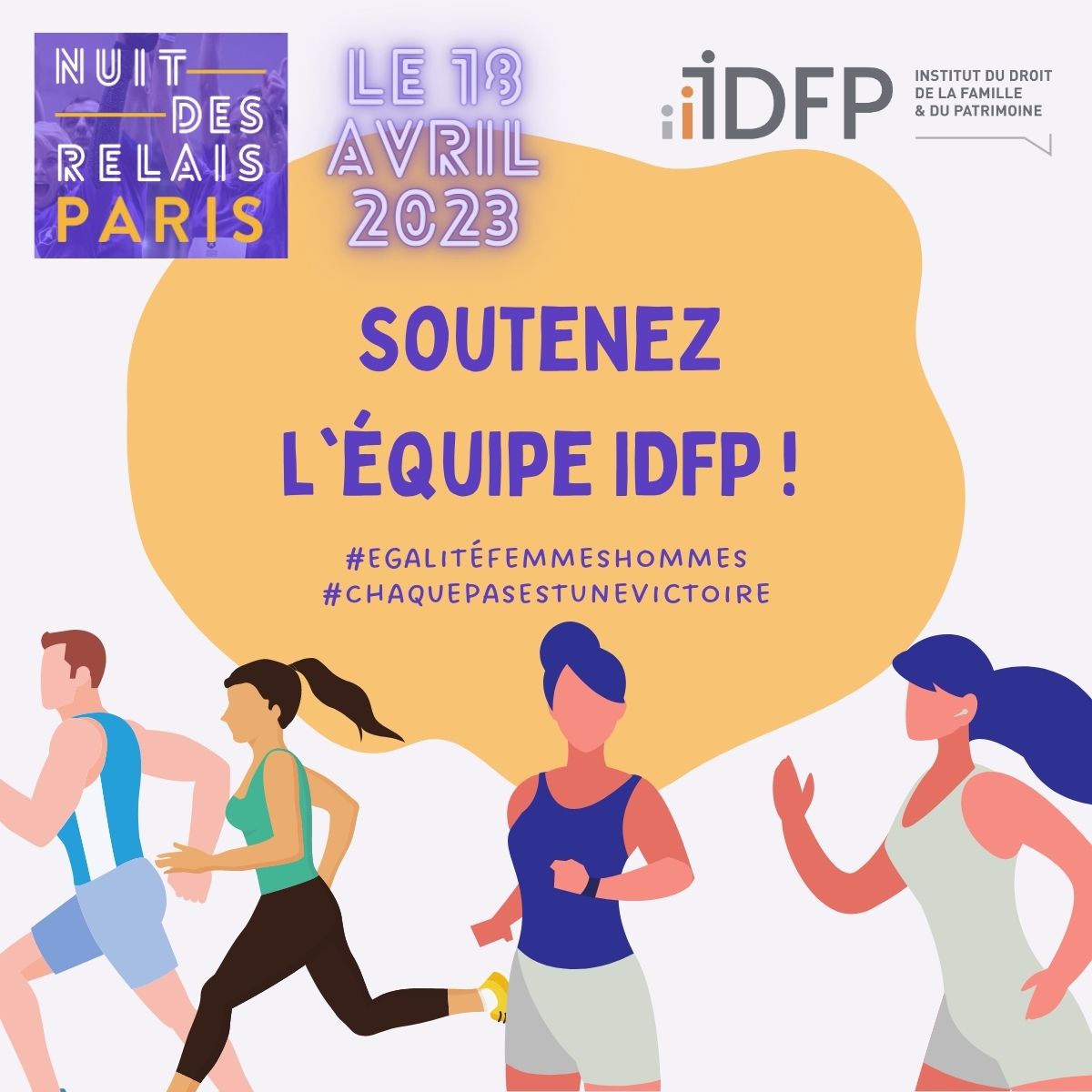 Le 18 avril, l’IDFP participera à la #5ème édition de la #NuitDesRelais organisée sur le Parvis de l'Hôtel de Ville de Paris !

nuitdesrelais.org

Nous courons par SOLIDARITÉ 💪

#NuitDesRelais #IDFP #chaquepasestunevictoire