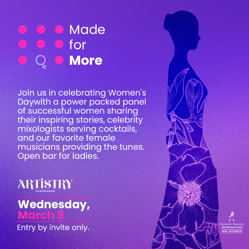 ArtistryLiveX's tweet photo. In celebration of Women's Day, we at Artistry are hosting a power-packed panel of women sharing their stories and bar-takeover by a female mixologist. An open bar will be available for all the ladies in the house. Entry by invite only.

#ArtistryHyderabad #WomensDay #MadeForMore https://t.co/aPJbhjwm8L