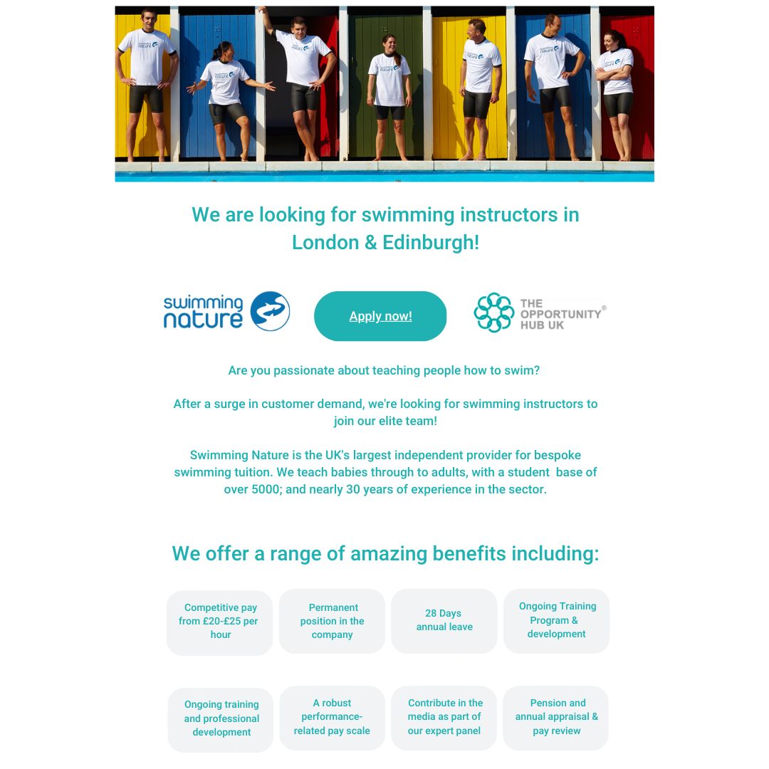 TheOHubUK's tweet photo. Are you passionate about teaching people how to swim? After a surge in customer demand, we're looking for swimming instructors to
join our clients elite team!

Apply Here - https://t.co/oaLxjZEUQ4

#swimminginstructorsjobs #Londonjobs #theohub #opportunity https://t.co/bFiY0FsDuQ