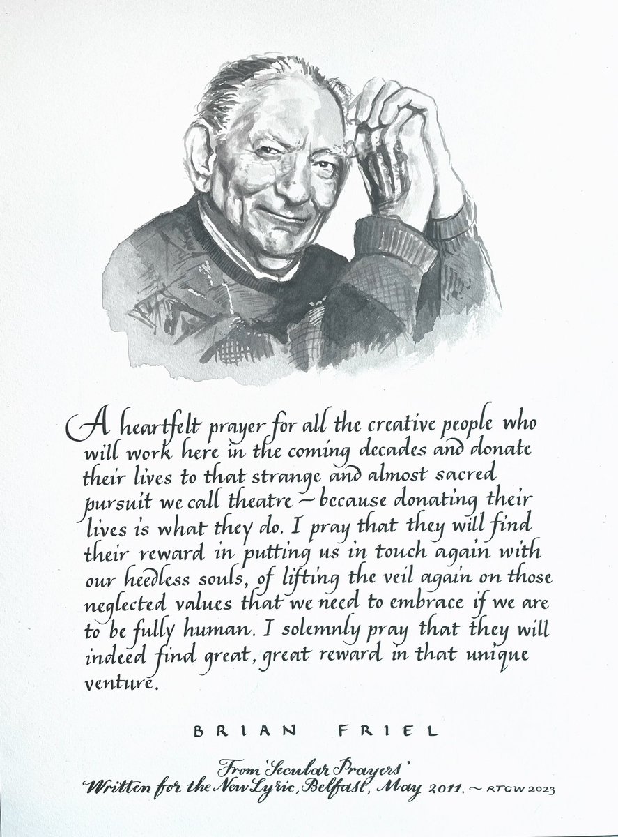 I painted a small ink portrait of #BrianFriel alongside a secular prayer he wrote for the Lyric Theatre Belfast’s opening.  
@LyricBelfast are auctioning it, alongside other artworks, nights out and tickets to shows here. Bid away and support the theatre!

lyrictheatre.co.uk/whats-on/seisi…
