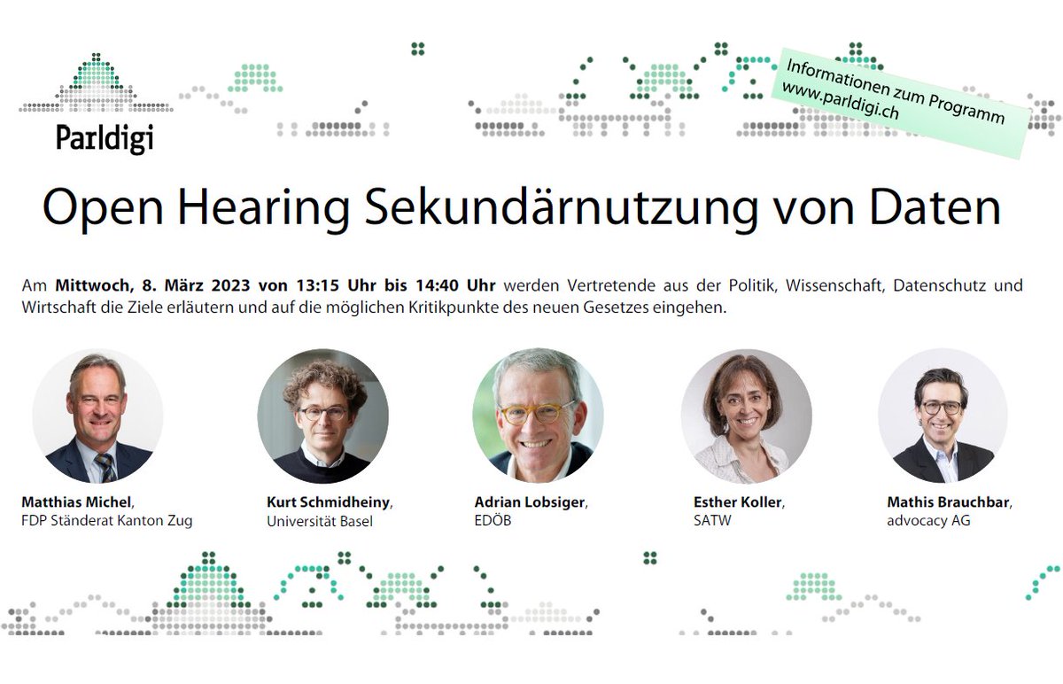 Heute um 13:15 Uhr startet das #OpenHearing zur #Sekundärnutzung von Daten mit Inputs aus der Politik, Wissenschaft, dem Datenschutz und der Wirtschaft.
Fragen zur Thematik können die Teilnehmenden direkt auf BigBlueButton stellen: bbb.ch-open.ch/b/mat-whn-7n3
