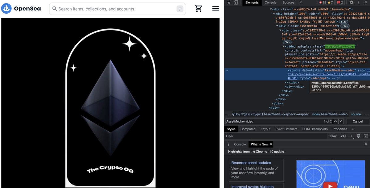 anymose's tweet photo. 如何下载Opensea上NFT的视频？

/ Google Chrom

- inspect
- CMD + F (Mac) 或 Ctrl + F(Win)
- 搜索：AssetMedia--video
- https://openseauserdata. 这样开头的就是

复制这个链接，新窗口打开即可下载。

#Web3tricks https://t.co/WOkZayBJpt