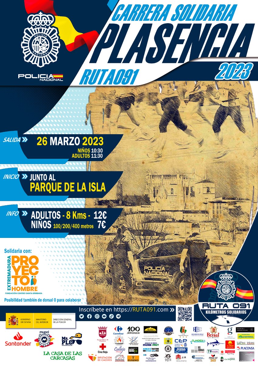 📍#Plasencia acoge el próximo 26 de marzo nuestra #Ruta091💙 

👉8 km para adultos y hasta 400m para los más peques 

Además es solidaria con <a href="/ExtremaduraPH/">Proyecto Hombre Extremadura</a> 🙌

Inscríbete aquí ⤵
ruta091.com/evento/carrera…

<a href="/santander_es/">Santander España</a>
<a href="/polimupol/">Mupol</a>
<a href="/MrPLC091/">Mr. Policía</a>