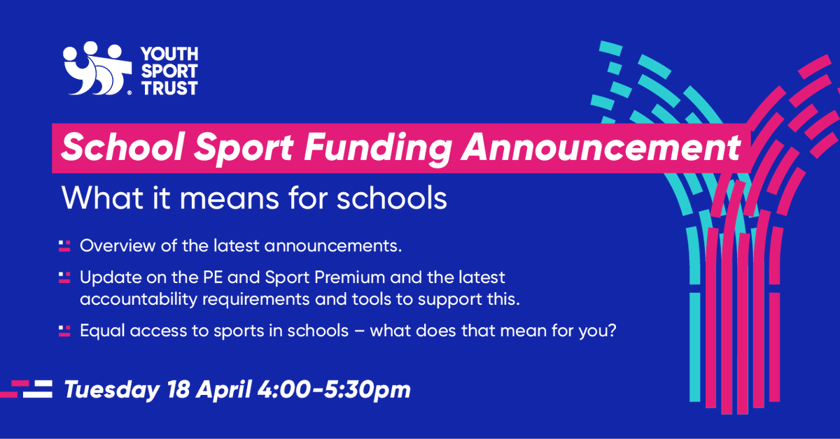 Following today's announcement on the Primary PE and Sport Premium and School Games Organiser funding, we are hosting an online briefing on Tuesday 18 April to provide more details on what the announcement means for schools.

Register now sforce.co/3mBeQRF