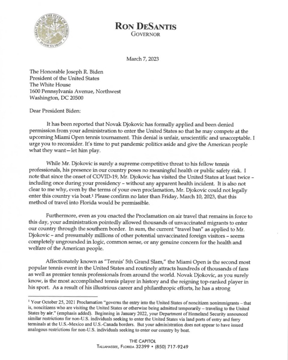 Future_Not_Set's tweet photo. 🇺🇸 We support @GovRonDeSantis urgent letter to @JoeBiden not only in support of @DjokerNole, but that the remaining mandate on unjabbed visitors be lifted immediately.

✅ The majority of airlines have stopped checking requirements as well as US arrivals. 

END THE MANDATE. https://t.co/GGxWaSMZov
