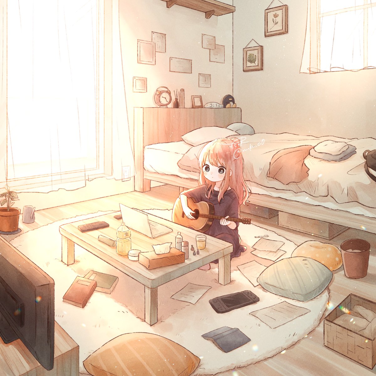 1girl indoors curtains pillow solo bed instrument  illustration images