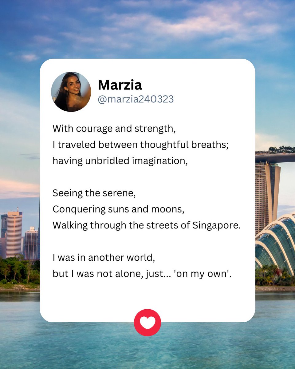 This #WomensDay, let’s share our solo travel stories, just like Marzia did through a beautiful poem on her recent trip to Singapore. Let's inspire one another to have our 'on my own' moments. #VisitSingapore #PassionMadePossible #SingapoReimagine