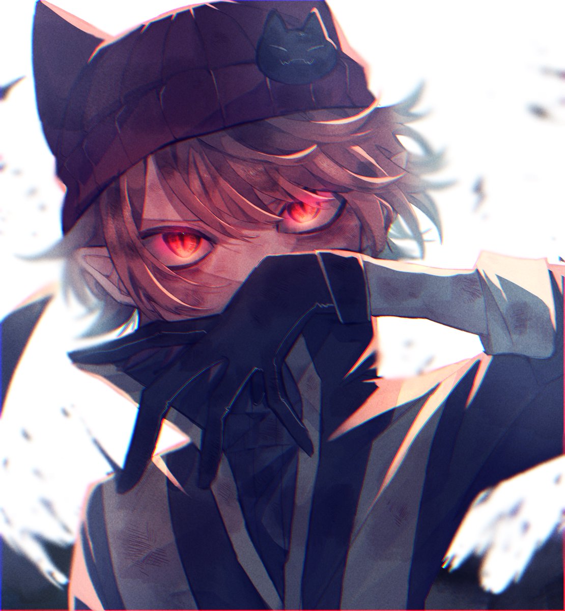 1boy male focus red eyes gloves hat solo pointy ears  illustration images