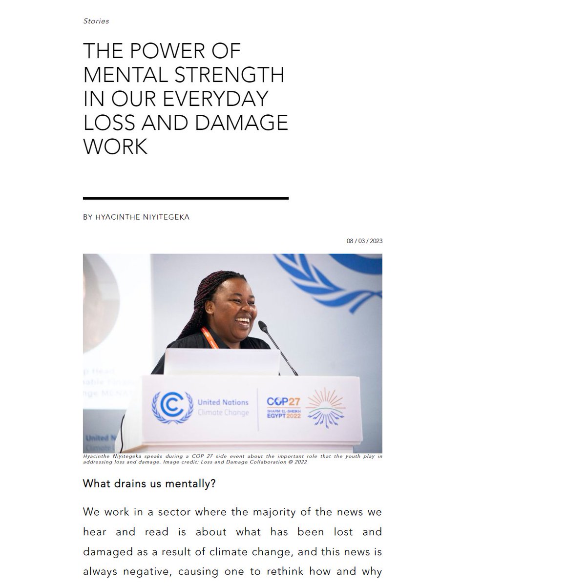 LossandDamage's tweet photo. 1/17. NEW BLOG: From @LossAndDamage coordinator @nhyacinthe79, (also #ClimateNegotiator &amp; #NewGeneration member, cofounder @LossDamageYouth and part of @TheProtectorRw), which highlights the power of mental strength in our everyday #LossAndDamage work.

🔗https://t.co/yPM7PAhOP4 https://t.co/FzFhYTHw0K