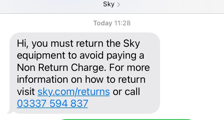 bgste's tweet photo. @skytv I’ve just received this text (a second reminder) from you. Considering I had to give 30 days notice (which was only 18 days ago) I’m curious as to why you would think I would possibly return your equipment before my subscription ends? https://t.co/hI6LYhXNDa
