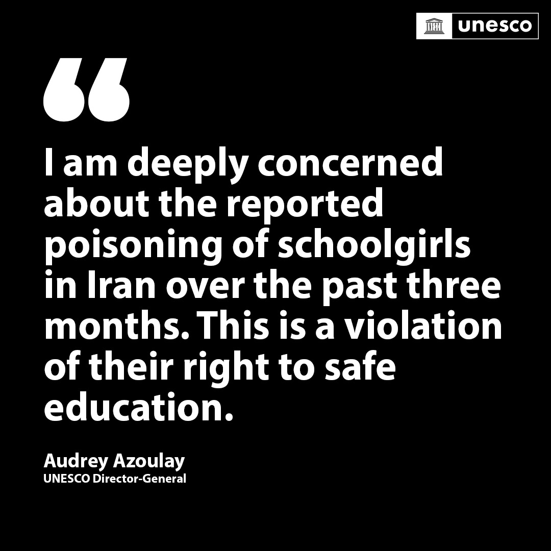 UNESCO's tweet photo. .@UNESCO urges thorough investigations and immediate actions to protect schools and facilitate the return of affected students in Iran, to their safe and healthy classrooms.

#CSW67 #IWD2023 https://t.co/PsG1p5hE4l