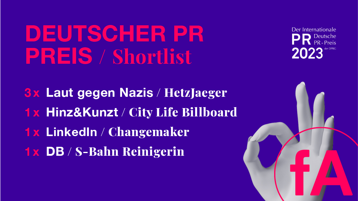fischerAppelt (@fischerappelt) on Twitter photo Der Deutsche PR-Preis hat die Shortlist-Nominierungen bekannt gegeben - wir sind ganze 6 Mal mit dabei!
Wir sind stolz und gespannt auf die Verleihung im April - vielen Dank an alle herausragenden Teams der Gruppe, <a href="/philipp_keuntje/">Philipp und Keuntje</a>, <a href="/Ligalux/">Ligalux</a> und <a href="/unstablemedia/">Fork Unstable Media</a>! ❤️
#PR #Awards Der Deutsche PR-Preis hat die Shortlist-Nominierungen bekannt gegeben - wir sind ganze 6 Mal mit dabei!
Wir sind stolz und gespannt auf die Verleihung im April - vielen Dank an alle herausragenden Teams der Gruppe, <a href="/philipp_keuntje/">Philipp und Keuntje</a>, <a href="/Ligalux/">Ligalux</a> und <a href="/unstablemedia/">Fork Unstable Media</a>! ❤️
#PR #Awards
