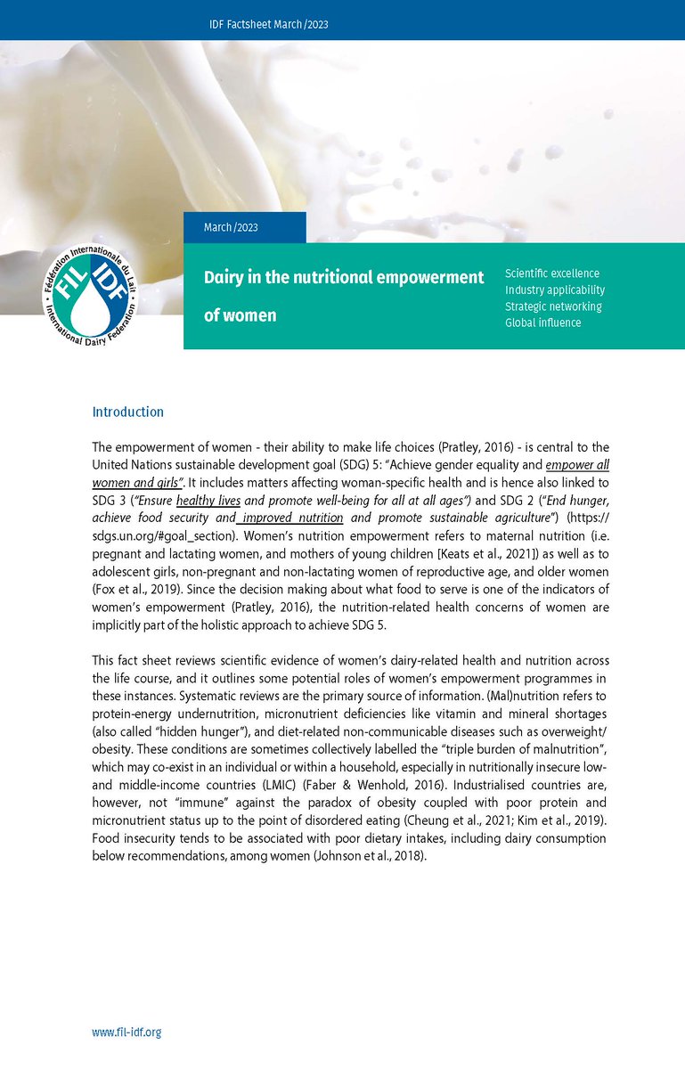 FIL_IDF's tweet photo. On #InternationalWomensDay, #IDFs latest Factsheet reviews scientific evidence of women’s #dairy-related health and nutrition needs across the life course and outlines how empowerment programmes can contribute to improving women’s #nutrition status: https://t.co/QsefQXjSLr https://t.co/fgCyQaBgow