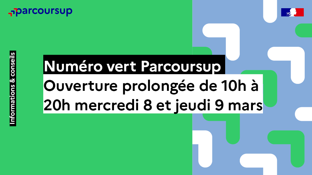 👥 Pour vous accompagner avant le 9 mars, dernier jour pour formuler vos vœux sur #Parcoursup, notre numéro vert reste ouvert jusqu'à 20h mercredi 8 et jeudi 9 mars !

📞 0 800 400 070

🔗 parcoursup.fr/index.php?desc…