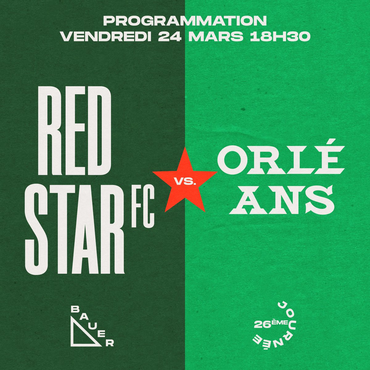 🗓️ En raison de France-Pays-Bas le même jour, la @FFF a avancé l'horaire des matchs de la 26ème journée. En conséquence, le @RedStarFC recevra Orléans à Bauer le vendredi 24 mars à 18h30.