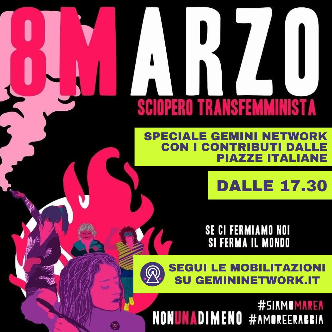 #8Marzo 2023 sciopero transfemminista. 
Dalle 17.30 seguiremo in diretta su radiosonar.net e gemininetwork.it le  piazze italiane con contributi dai cortei.
#SiamoMarea 
#8mars #8marzo2023 #8march