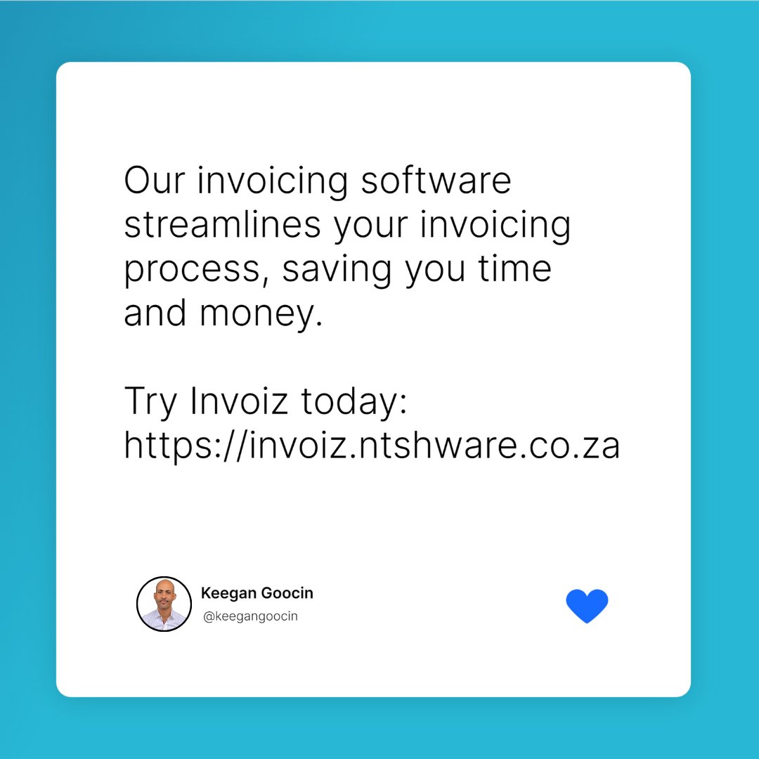 Save time and get paid faster with Invoiz. Our online invoicing software makes it easy for you to create and send invoices, track payments, and manage your finances. Try Invoiz now: invoiz.ntshware.co.za #OnlineInvoicing #SmallBusinesses #EffortlessInvoicing