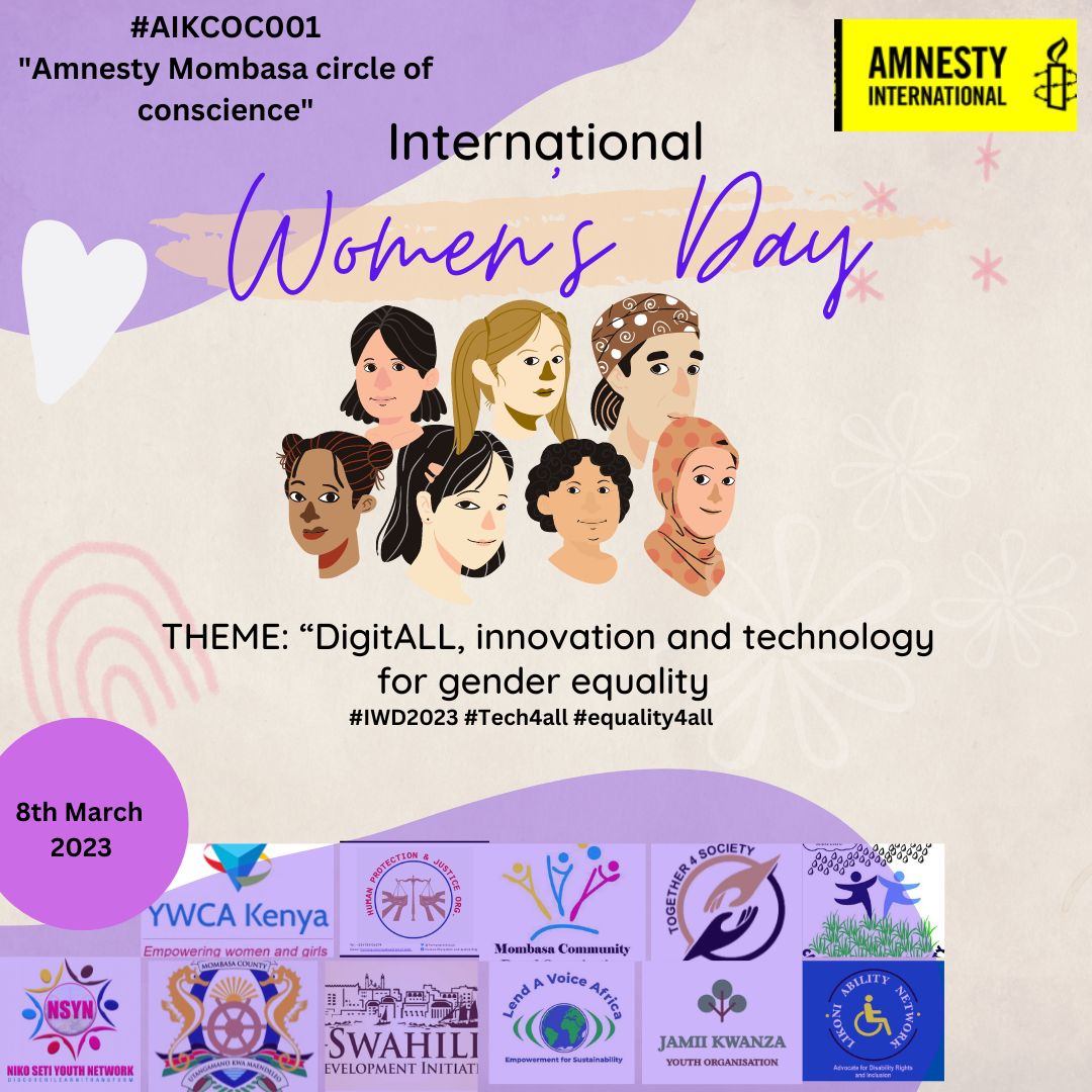 Happy #InternationalWomensDay
On this day we call upon for safety in the online spaces.#EndGBV #AICKCOC001 <a href="/AmnestyMombasa/">Amnesty Mombasa Circle of Conscience</a> <a href="/sudi_a/">Sudi A. Boti</a> <a href="/T4S_KENYA/">TOGETHER 4 SOCIETY</a> <a href="/Hafswa_Salim/">Hafswa</a> <a href="/najma_mohamud13/">nujuum</a> <a href="/LendAvoiceAfriq/">Lend A Voice Africa</a> <a href="/KemuntoPhyllys/">phyllys kemunto</a>
<a href="/kellyngeti/">Kelly Ngeti</a> <a href="/GloryFlorentine/">Glory Florentine</a>
<a href="/Marthatru1/">Marthatru</a> <a href="/KenyaYwca/">YWCA Kenya</a> <a href="/Manyunyu_Corg/">Manyunyu Community Based Organization</a>