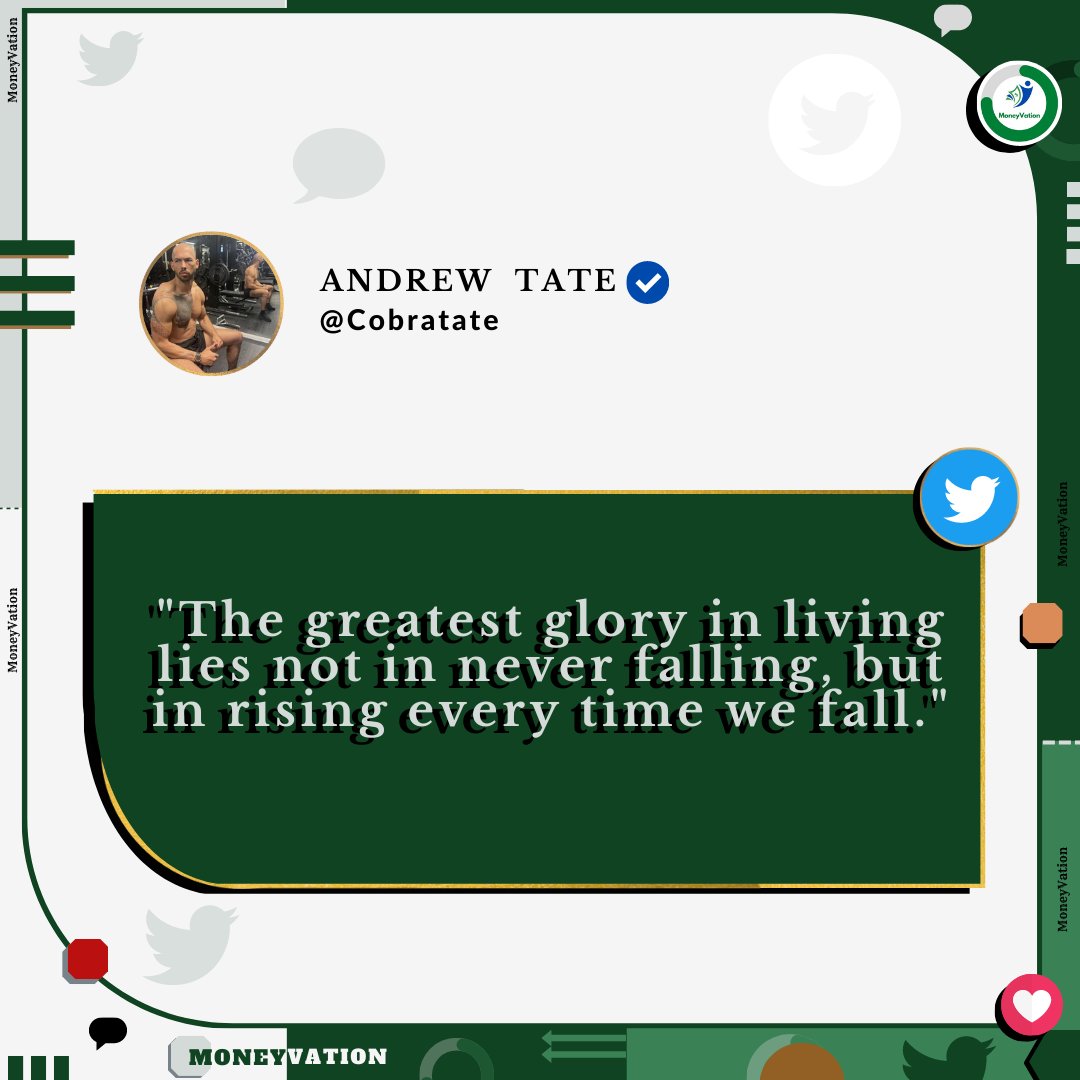 "The greatest glory in living lies not in never falling, but in rising every time we fall."
<a href="/Cobratate/">Andrew Tate</a> 
#andrewtate #andrew #tate #tatespeech #matrix #NeverGiveUp #Motivation
