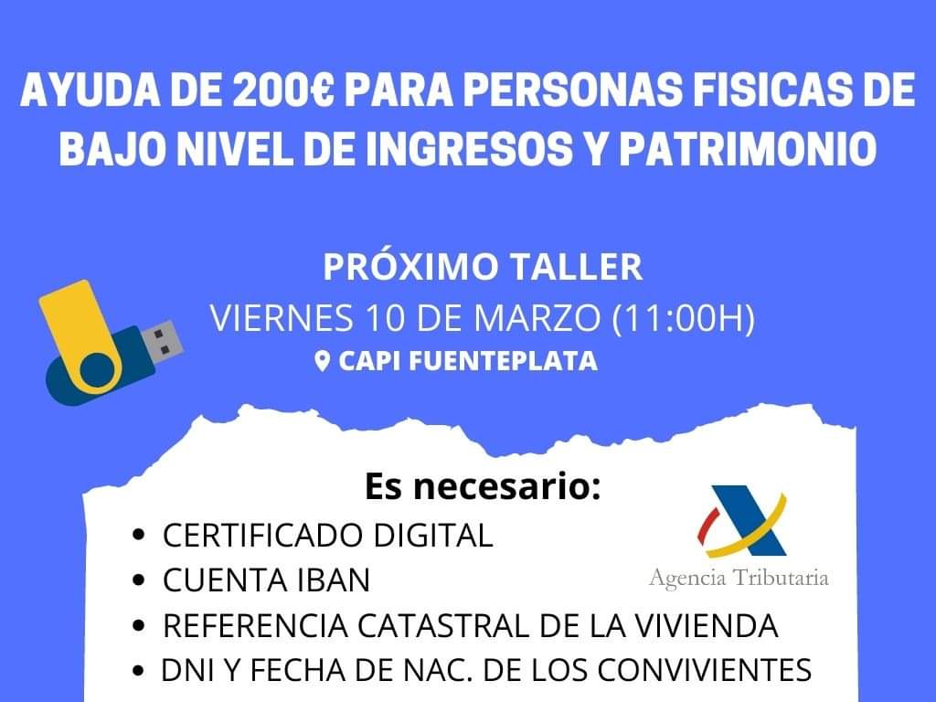CGFuenteplata's tweet photo. 🔵 Taller para solicitar la nueva ayuda de 200€ destinada a las personas con bajo nivel de ingresos y patrimonio.

📆 Viernes 10 a las 11:00h https://t.co/oApac6PIBP