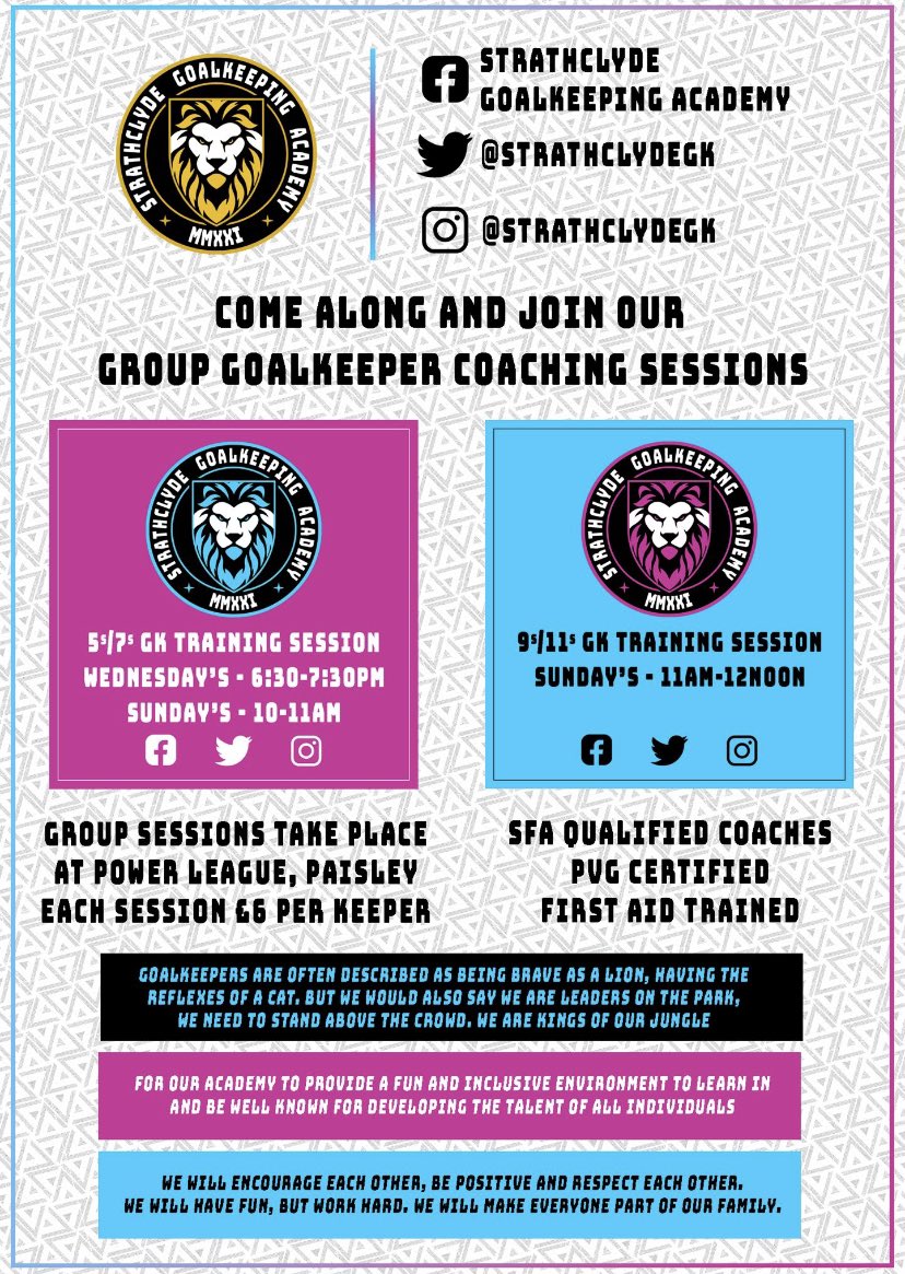Top class goalkeeper coaching available for all age groups, they’ve worked wonders with a number of our goalies developing different areas of their game 🧤⚽️

Details below for <a href="/strathclydegk/">Strathclyde Goalkeeping Academy</a> 

#goaliesunion