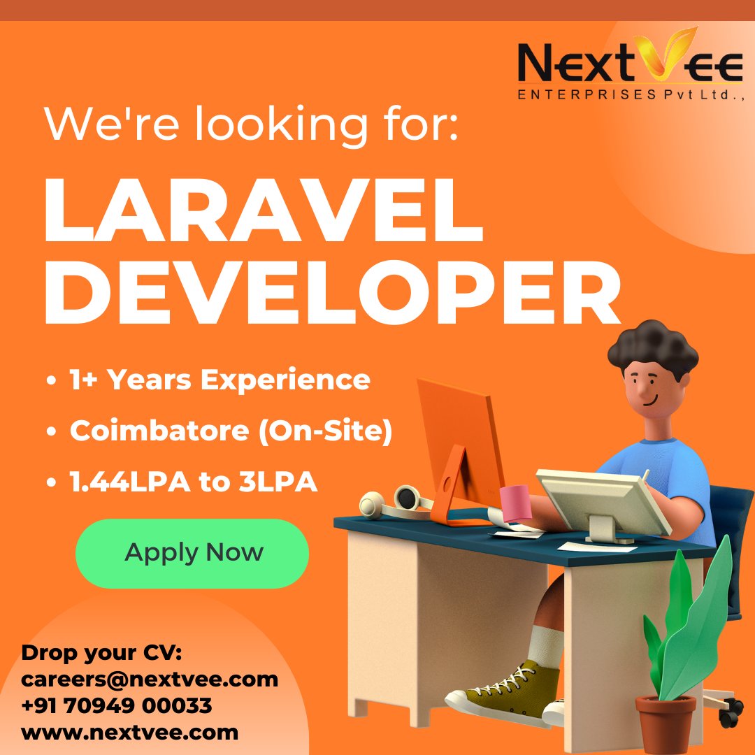 Nextveesocial's tweet image. Hiring for Laravel Developer with 1+ Year Experience working
On-site work (Coimbatore)
1.44LPA to 3LPA
For more details:
contact - 70949 00033

#nextvee #laravel #developer #laraveldevelopers #work #experience #coimbatore