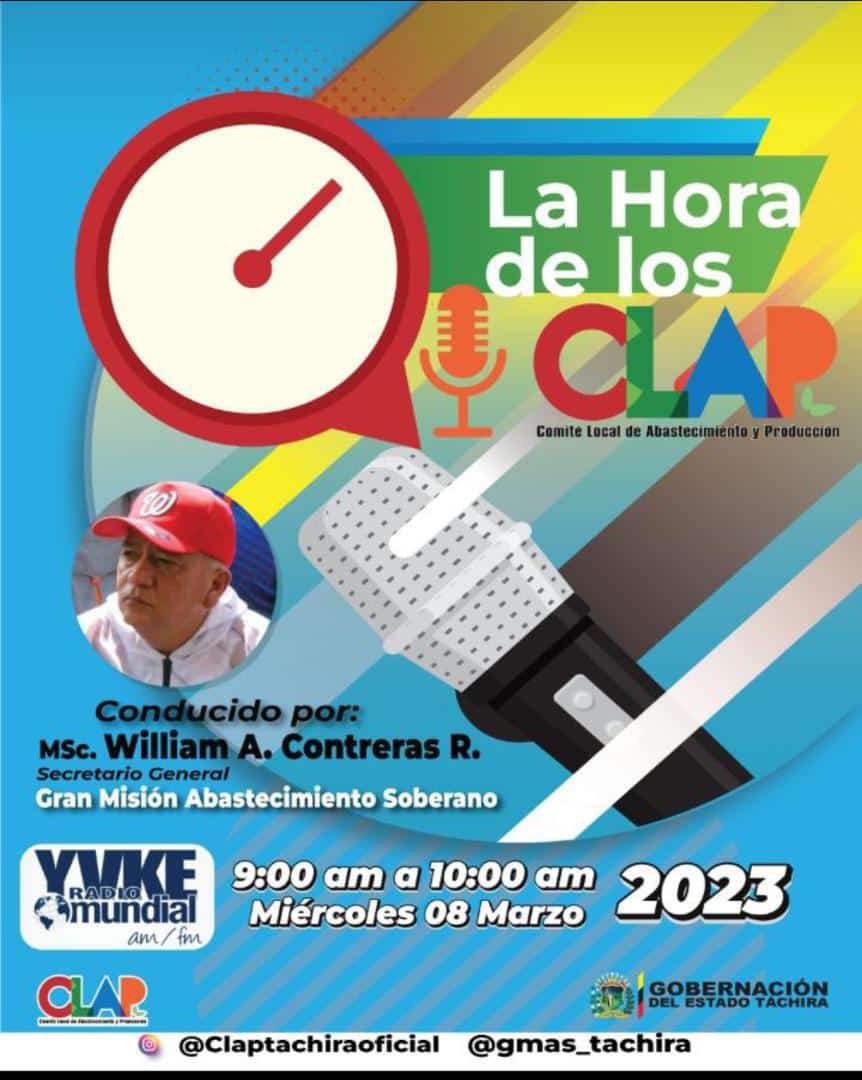 🗣️Cada Miércoles a partir de las 9:00am el pueblo del #Táchira sintonizan el programa 📡"La Hora de CLAP".🎙️ !Ahora también producimos en radio! 📻  por <a href="/YvkeTachira/">Yvke Tachira</a> 94.5FM

<a href="/NicolasMaduro/">Nicolás Maduro</a> <a href="/LealTelleria/">M/G Carlos Leal Tellería</a> <a href="/FreddyBernal/">Freddy Bernal</a> <a href="/MinAlimenVen/">MinAlimenVen</a> @Tachira_Clap 

#ClapTachira7añosEnVictoria ❤️