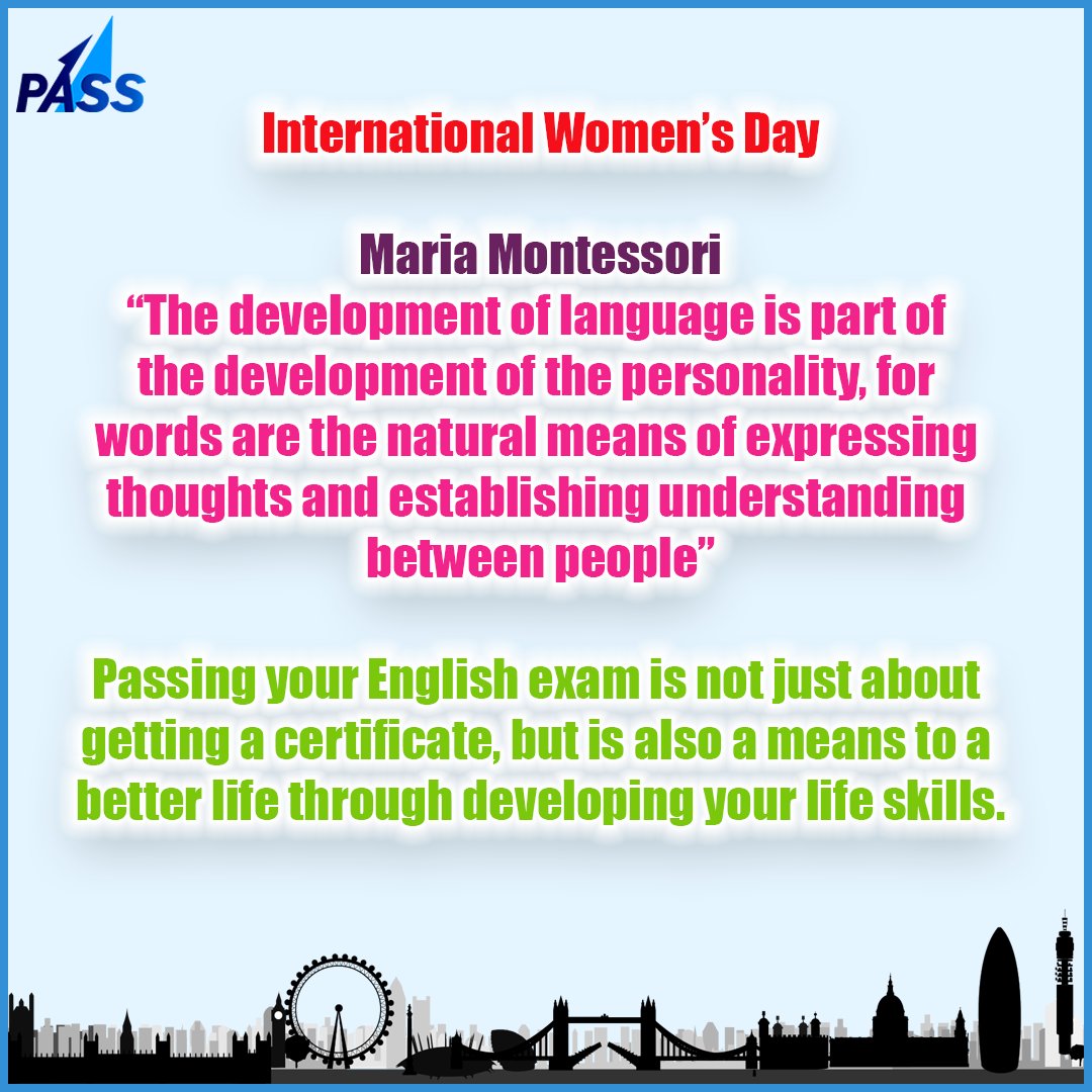 PASS63104837's tweet photo. It's not about the English exam certificate, it's about the life skills. PASS is celebrating International Women's Day with a quote from Maria Montessori.
#InternationalWomensDay #LearnEnglish #passenglishexam #IELTS #c1advanced #TOEFL #trinityise #duolingoenglishtest #b2first https://t.co/rpDXo09lor