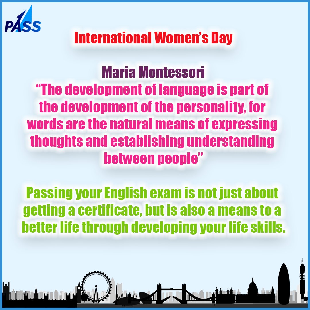 It's not about the English exam certificate, it's about the life skills. PASS is celebrating International Women's Day with a quote from Maria Montessori.
#InternationalWomensDay #LearnEnglish #passenglishexam #IELTS #c1advanced #TOEFL #trinityise #duolingoenglishtest #b2first