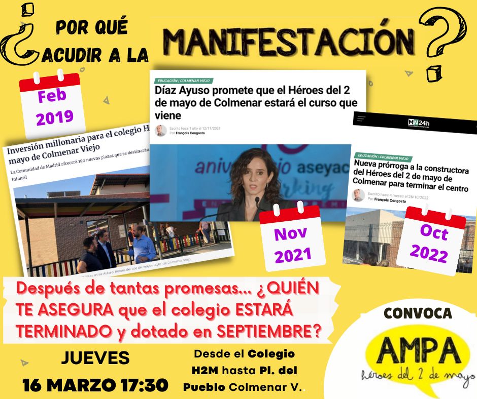 AmpaH2M's tweet photo. Tras demasiados anuncios y promesas, siguen retrasándose las obras: ya no va a estar en abril, hoy @educacmadrid anuncia que en septiembre estarán LAS AULAS ¿Y el comedor, gimnasio, biblioteca...? 
@eossoriocrespo @AytoColmenar @jorge_garciad
Nos vemos el 16marzo #H2MCompletoYa https://t.co/vYd1LOjnQY