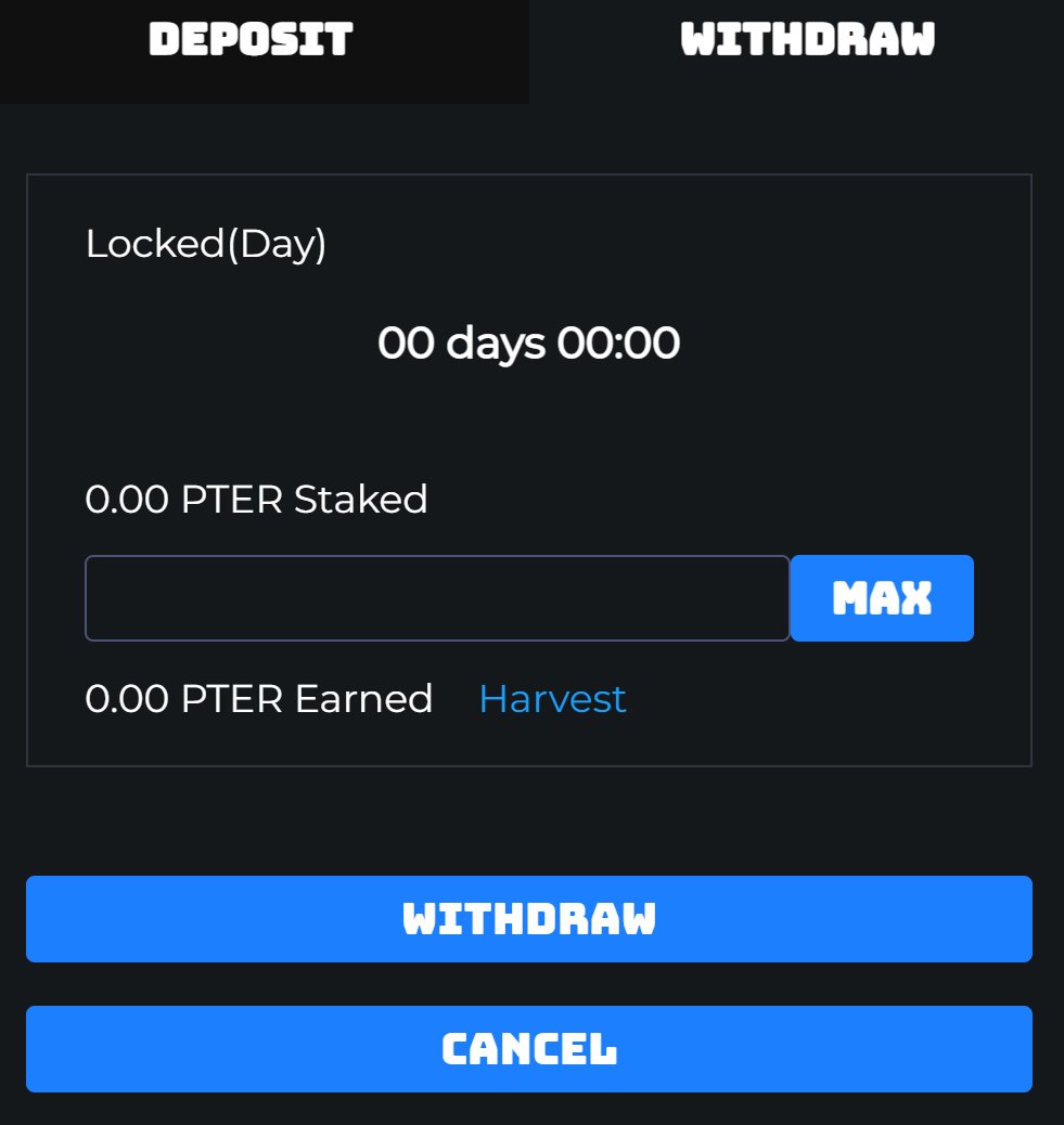0xsimeone's tweet photo. 4. Select lock-up time and pledge quantity then pledge tokens, Click the harvest button to get #PTER  earnings, If you choose a pledge time, you will receive a corresponding bonus benefit.

5. Input token amount you want and click withdraw button to get your token back. https://t.co/cF6taP8QGk