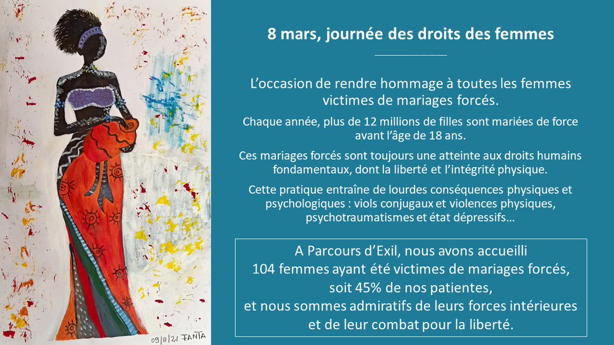 45% des patientes de Parcours d'Exil sont victimes de mariage forcé. 
#journeeinternationaledesdroitsdesfemmes #mariageforce #migrants #santementale