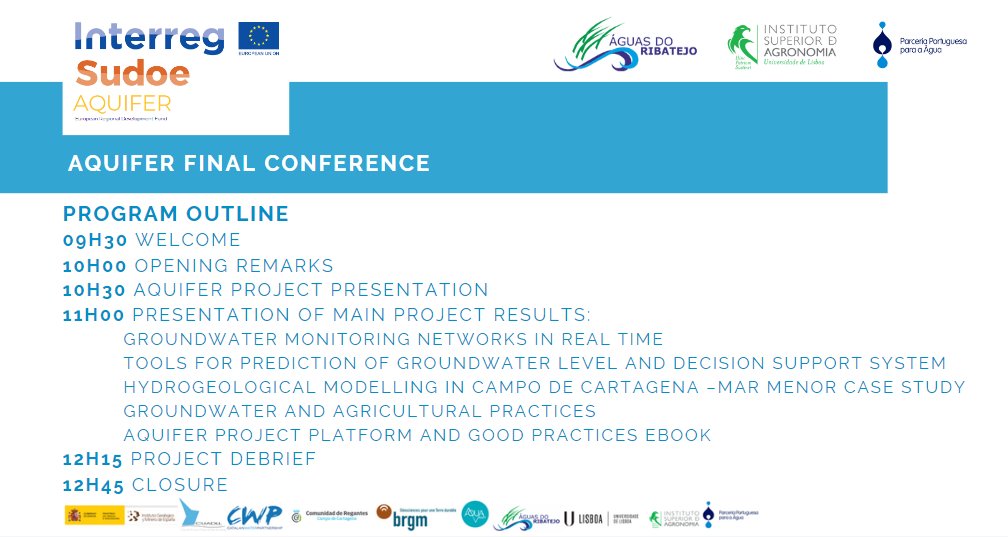 🇵🇹 Conferência final do projeto #AQUIFER em Portugal 🌊💧 

TEMA - Instrumentos inovadores para a gestão integrada das águas subterrâneas num contexto de escassez de recursos hídricos

📍 14 março 2023
⏳ 9h30 -18h30 
🚩LNEC . Lisboa
✍️INSCRIÇÕES: lnkd.in/dQzaCcKD
