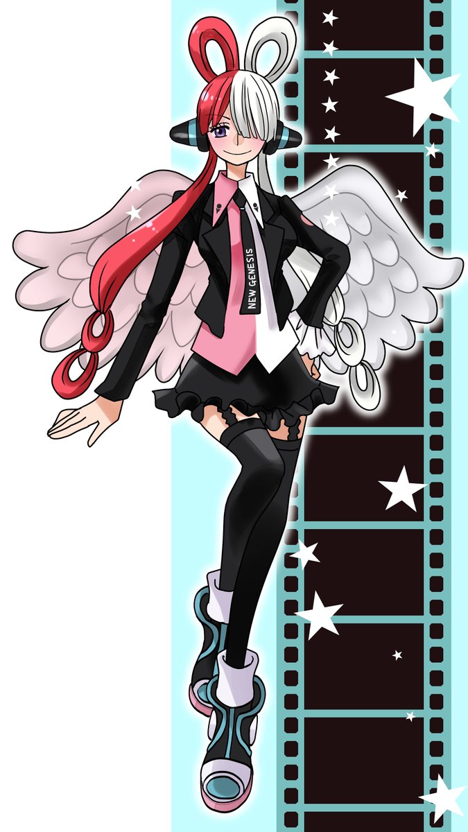 1girl split-color hair solo wings two-tone hair thighhighs red hair  illustration images