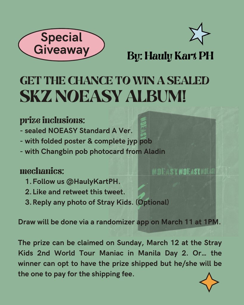 HaulyKartPH's tweet photo. #HaulyKart_GA | Hauly Kart's Special Giveaway
 
SKZ NOEASY album giveaway! 🤍

✧ PH only
✧ must be following us
✧ like &amp; RT this tweet
✧ reply any photo of stray kids (optional)

Draw Date: March 11, 1PM

Read full details on pic! ✨

#SKZinMNL2023 #MANIACinMANILA https://t.co/QjpiQY7Uem