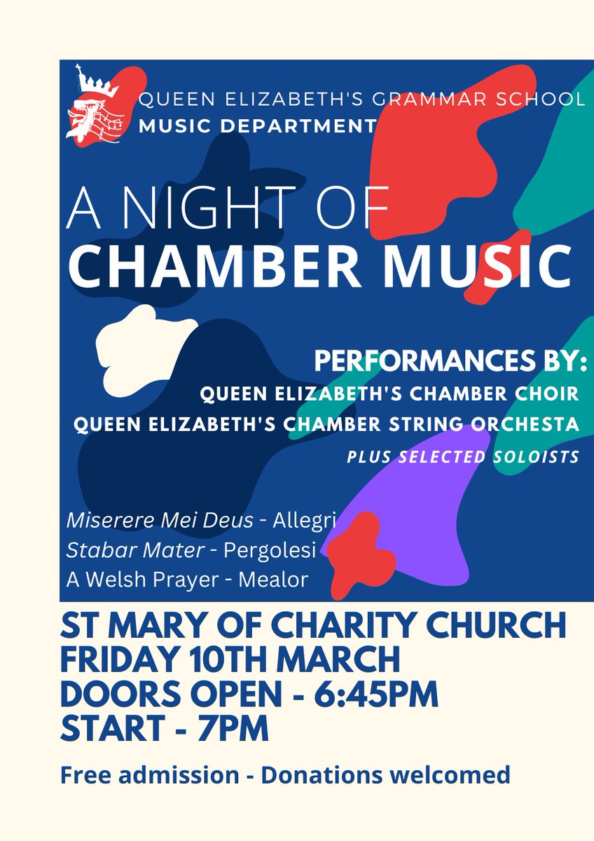 Our first QE Music: A Night of Chamber Music concert is this Friday evening! We're so excited to bring you a programme full of chamber works. 
St Mary of Charity Church, Faversham
7pm start, free admission
@qegs_faversham @FavershamNews @KentMusic