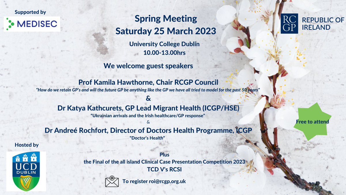 RCGP_RoI's tweet photo. 📢Calling all GP's, GP nurses, GP Trainees, medical students, healthcare workers with an interest in GP 
You are invited to the RCGP ROI Faculty Spring and AAUSGP Meetings 
📅Sat 25 March 10.00-17.00
🏢UCD
Free to attend, email roi@rcgp.org.uk https://t.co/CYmioafZiD