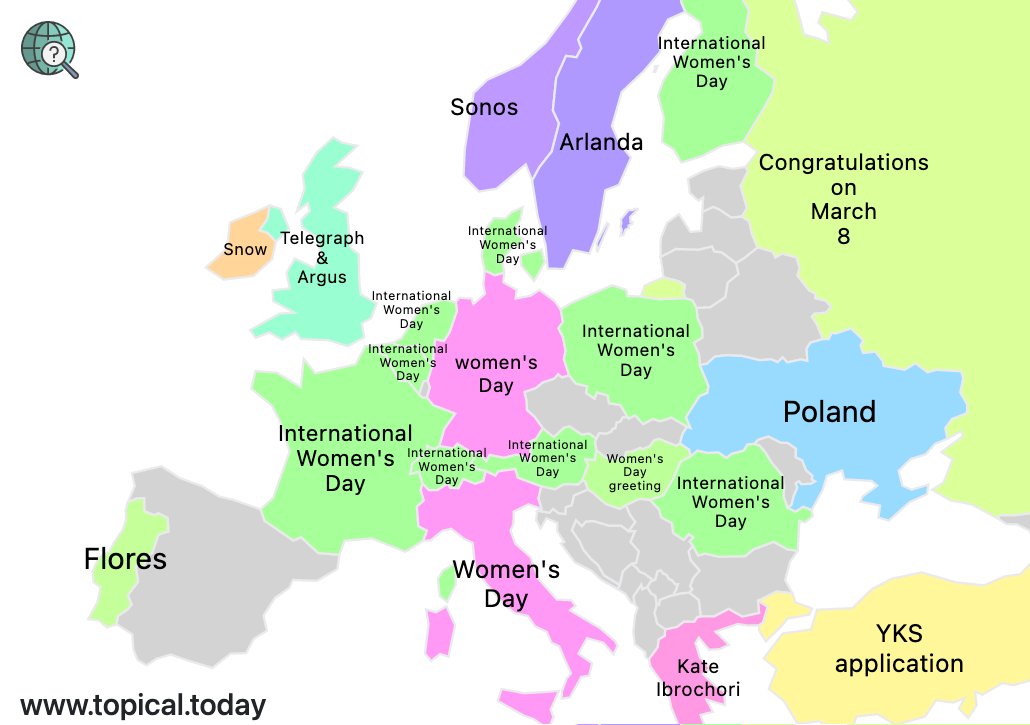 TopicalMaps's tweet image. Top Google Trends in Europe by country today. 

#InternationalWomensDay #ChampionsLeague #WomensDay #Flowers 

More info at topical.today/regions/europe