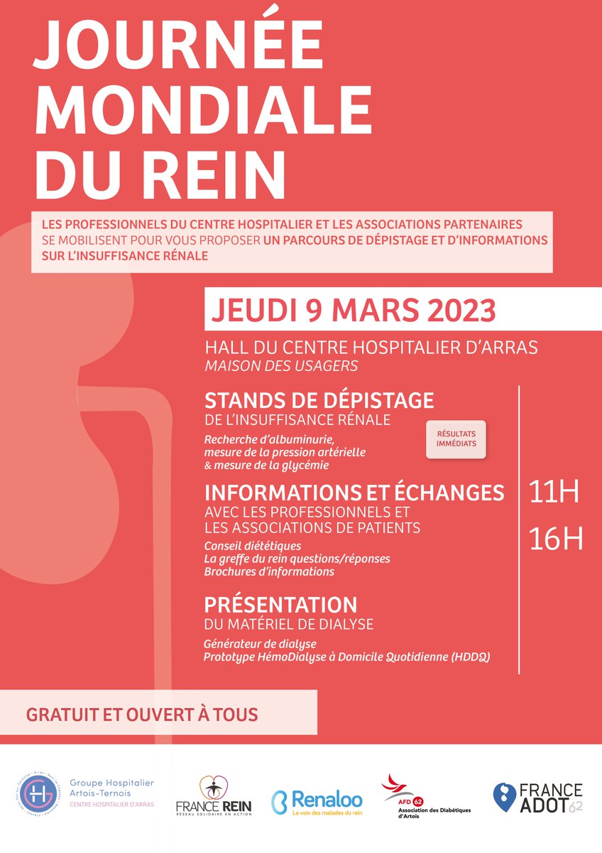 #JournéeMondiale #Rein
Rendez-vous demain, à la Maison Des Usagers, à l’occasion de la Journée Mondiale du Rein.
Les professionnels du CH d'Arras et les associations partenaires se mobilisent pour vous proposer un parcours de dépistage et d’informations sur l’insuffisance rénale.